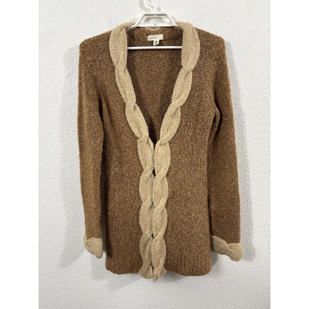 Sleeping On Snow Sweater Womens Medium Brown Open Front Cable Knit Cardigan